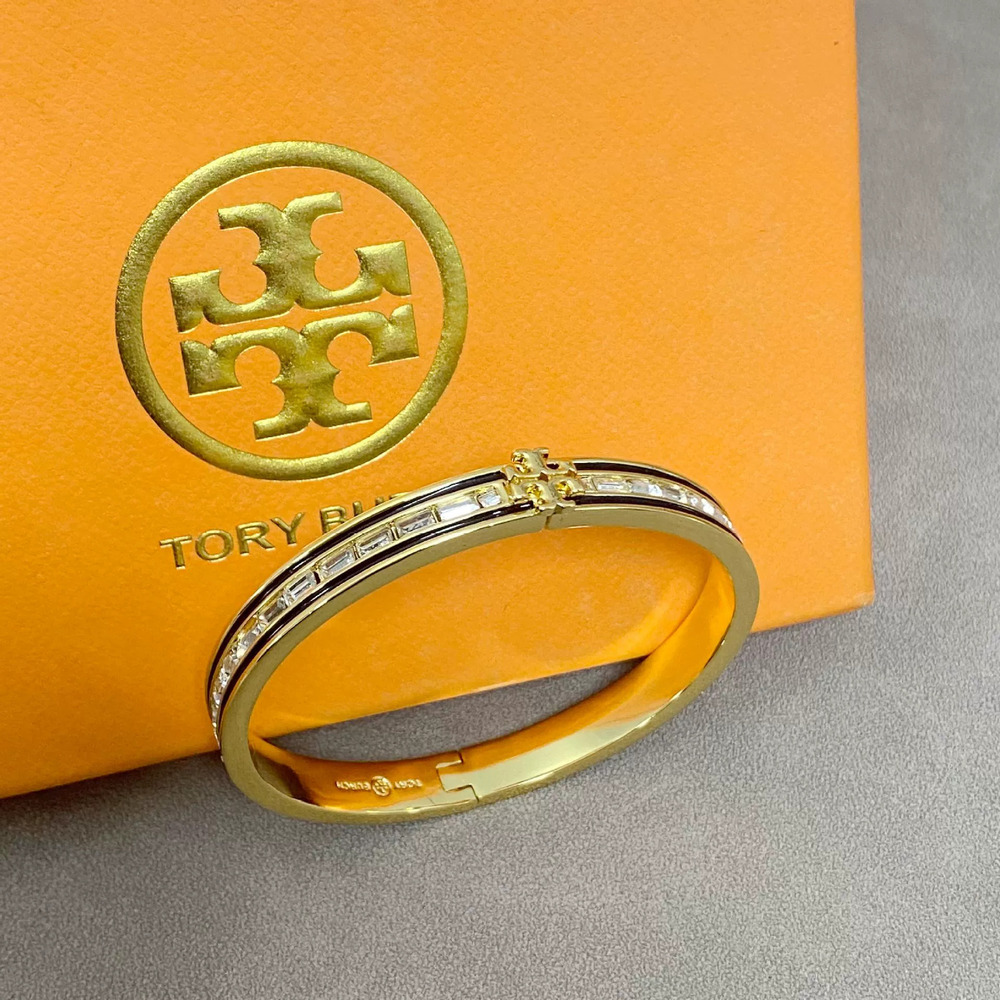 Tory Burch Enamel Adjustable Plaid Stripe Metal Bangle
